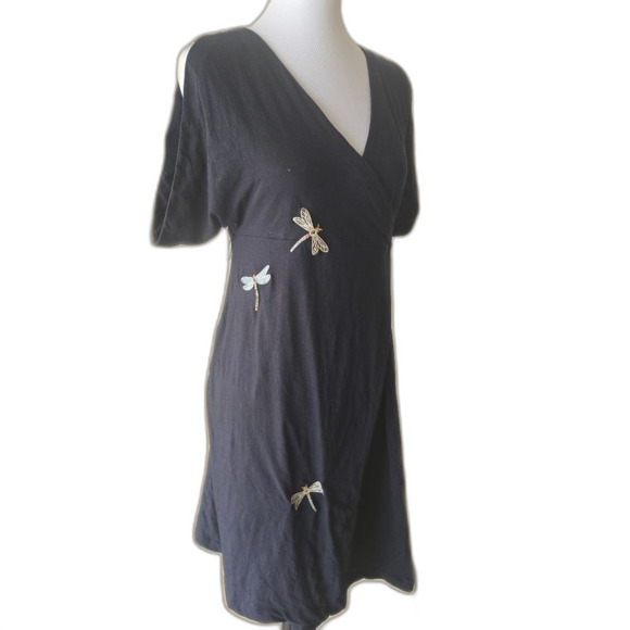 Tibi Black Wrap Dress with Dragonfly Accents Medium - Picture 3 of 12